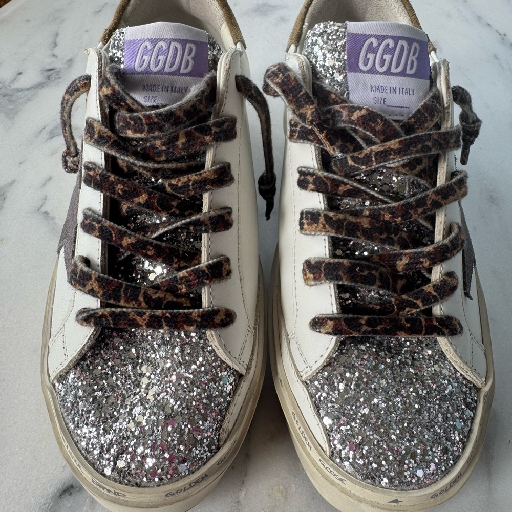 Golden Goose Silver Glitter and White Sneakers